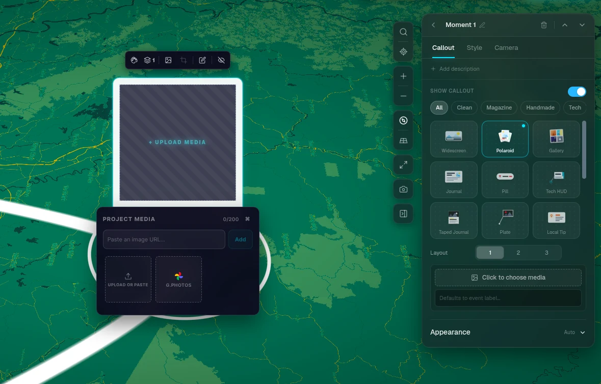 A selected callout with its toolbar, next to the Moment panel