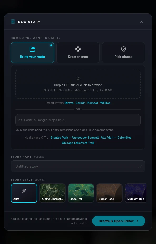 New story dialog with Bring your route, Draw on map and Pick places