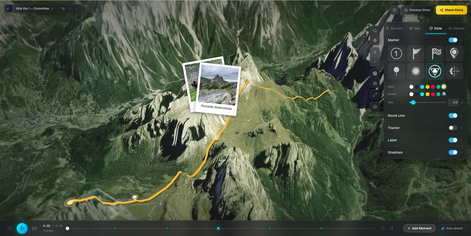 Editor showing an imported route on the map