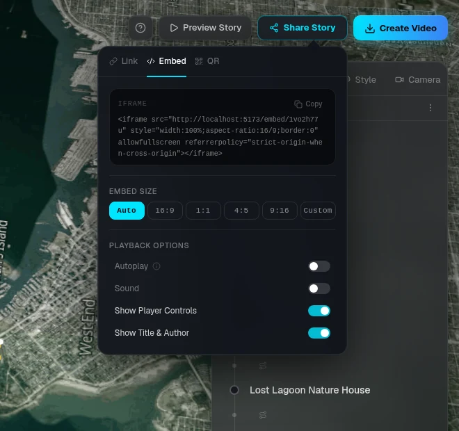 The Embed tab with the iframe code and size options