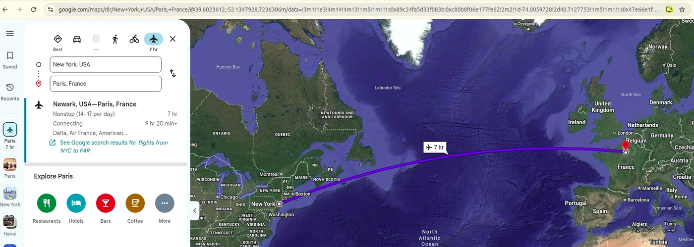 A Google Maps directions page with the link in the address bar