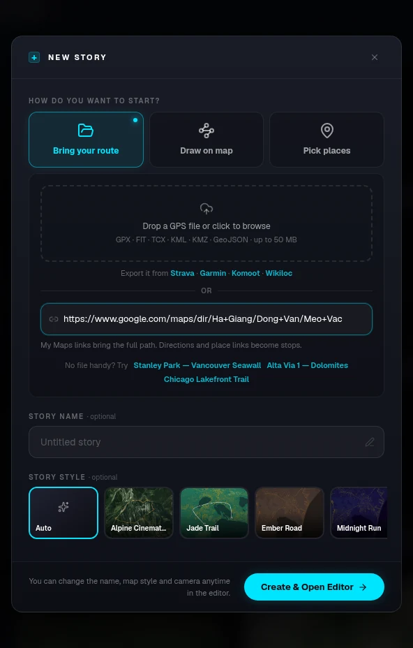 A Google Maps link pasted into the New story dialog
