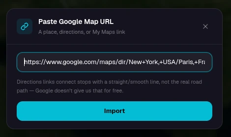 The Paste Google Map URL dialog in RouteTale