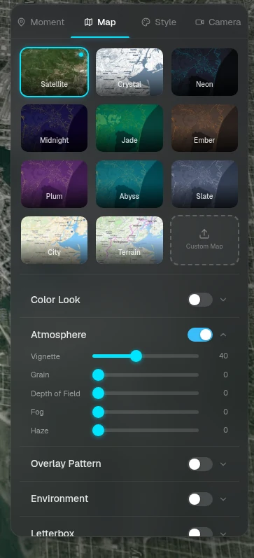 The Map tab with the style grid and Atmosphere settings