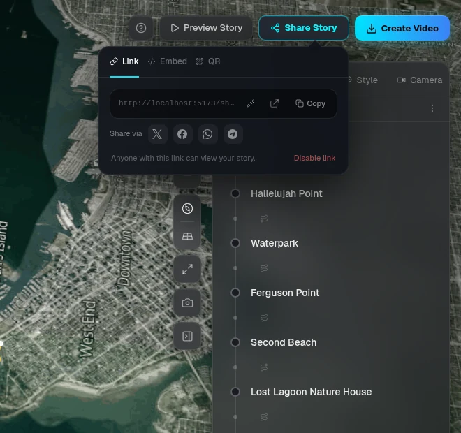 The Share menu with a live link