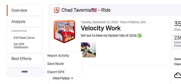 A Strava activity with the ••• menu open on Export GPX
