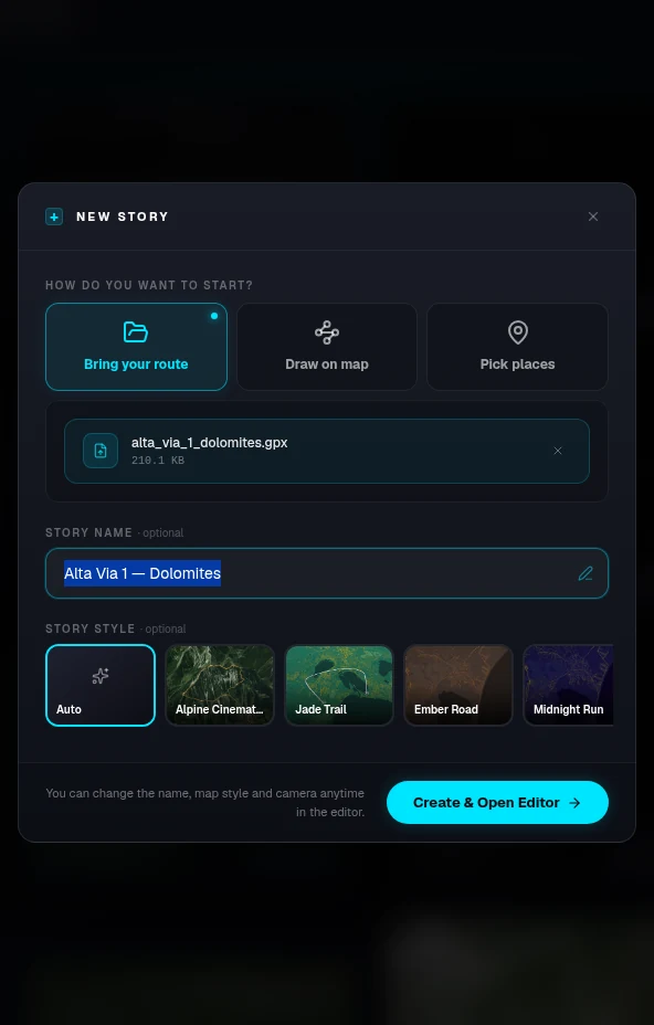 A GPS file attached in the New story dialog