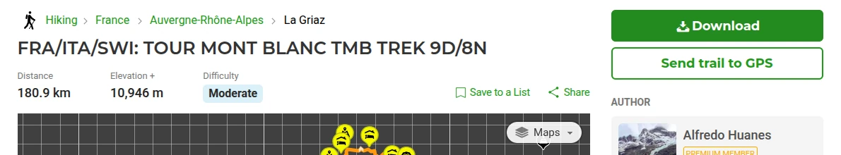 The Download button on a Wikiloc trail page