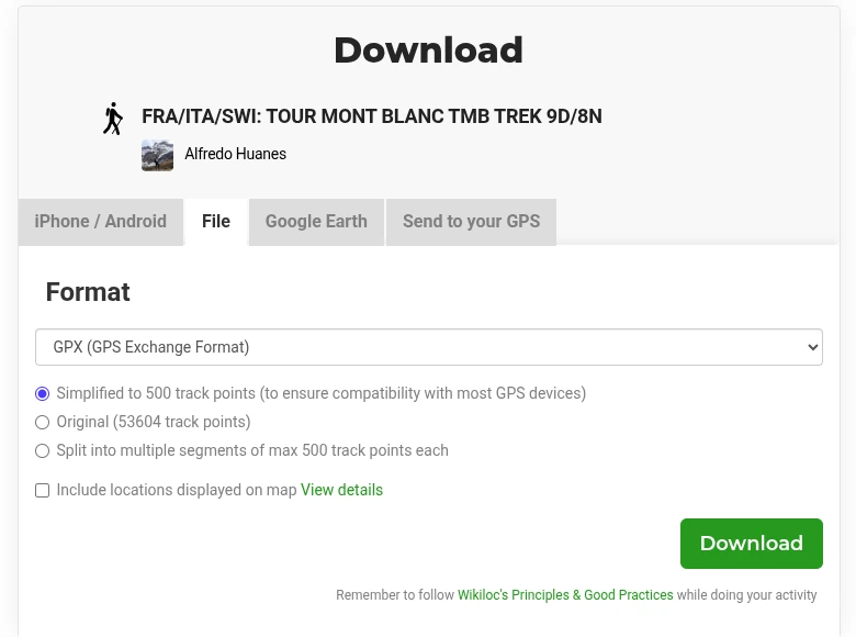 Wikiloc download options with GPX and the original-trail choice