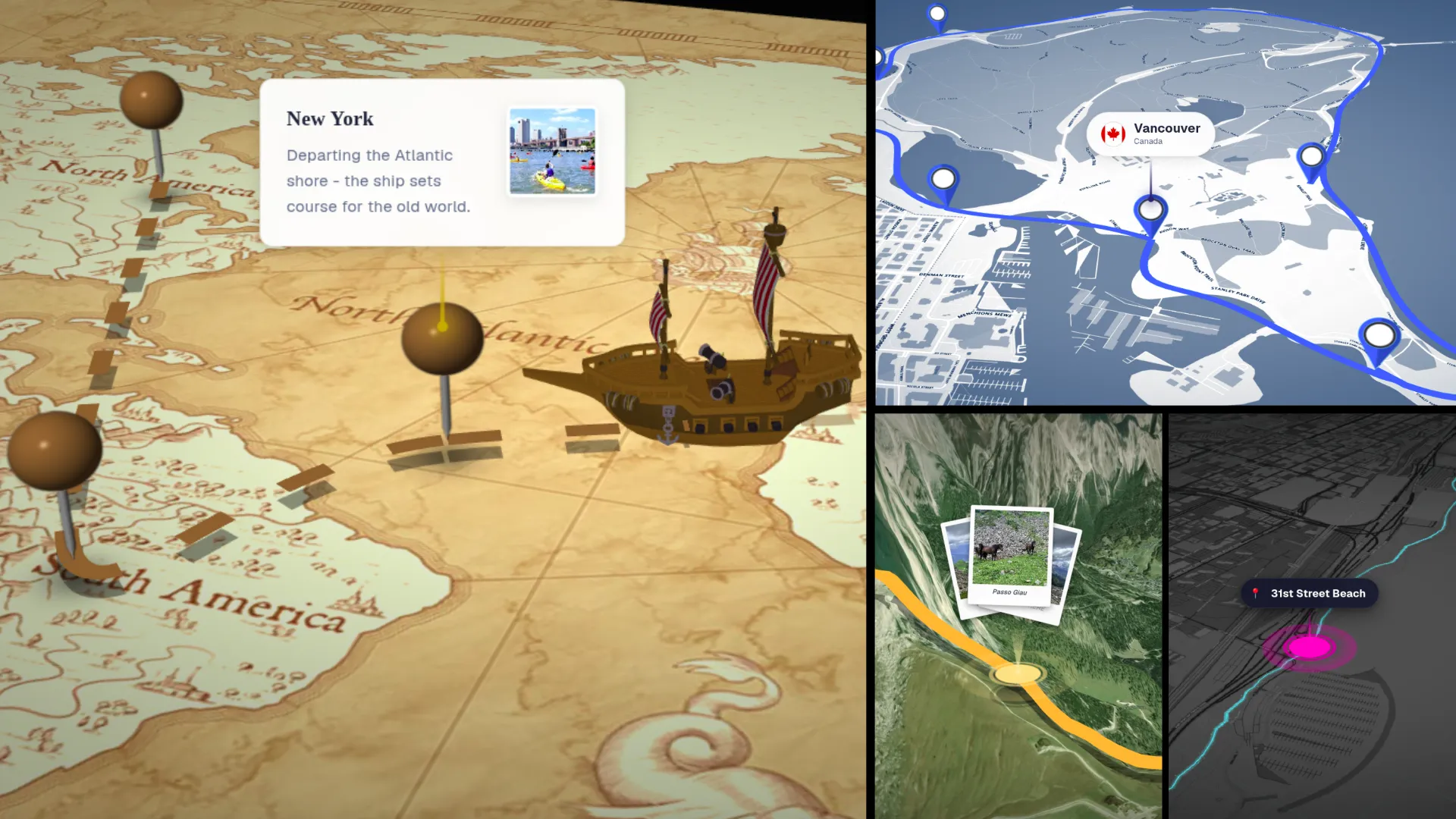 Cinematic 3D map with a glowing route line